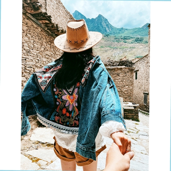 Blue Denim Boho Bomber Jacket| Embroidered Patchwork Back - Picture 4 of 16